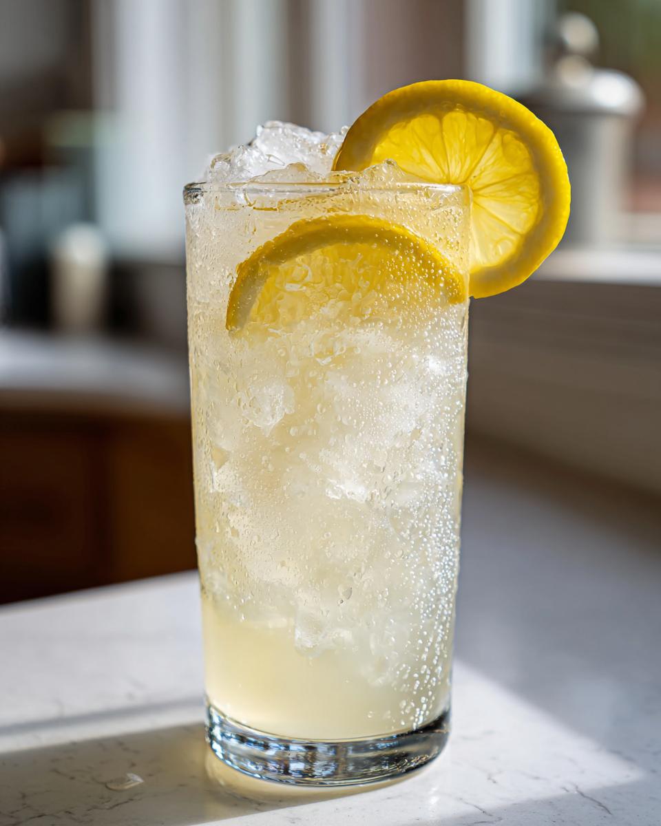 A tall glass filled with ice and bubbly homemade lemonade, garnished with two fresh lemon slices.