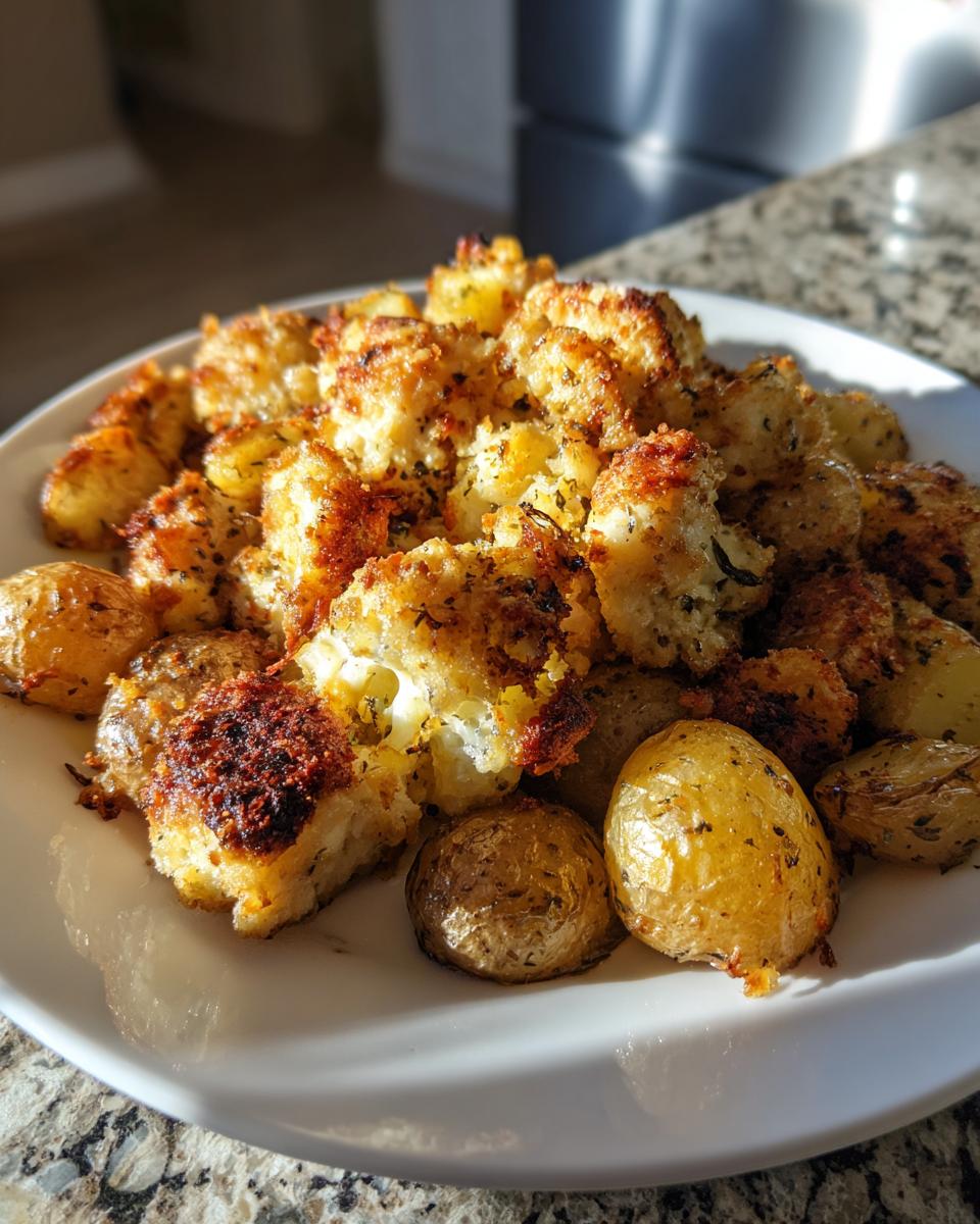 Close-up of roasted potatoes and cauliflower florets coated in a crispy garlic parmesan crust.
