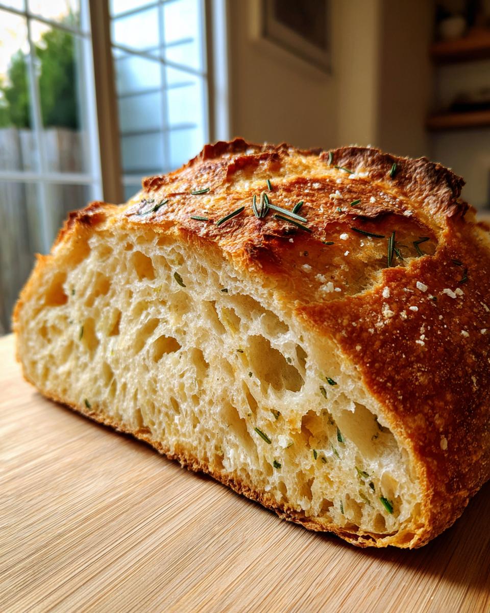 Close-up of a freshly baked artisan bread loaf cut in half, showing the airy, open crumb and rosemary baked into the crust.