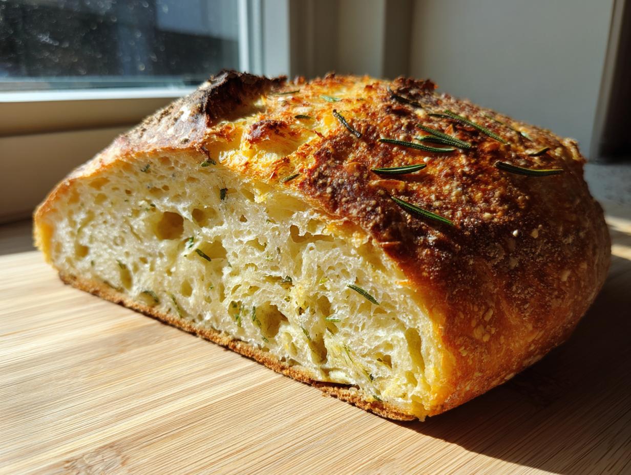 A close-up of a freshly baked artisan bread loaf, cut in half, showing an open crumb texture and rosemary baked into the golden crust.