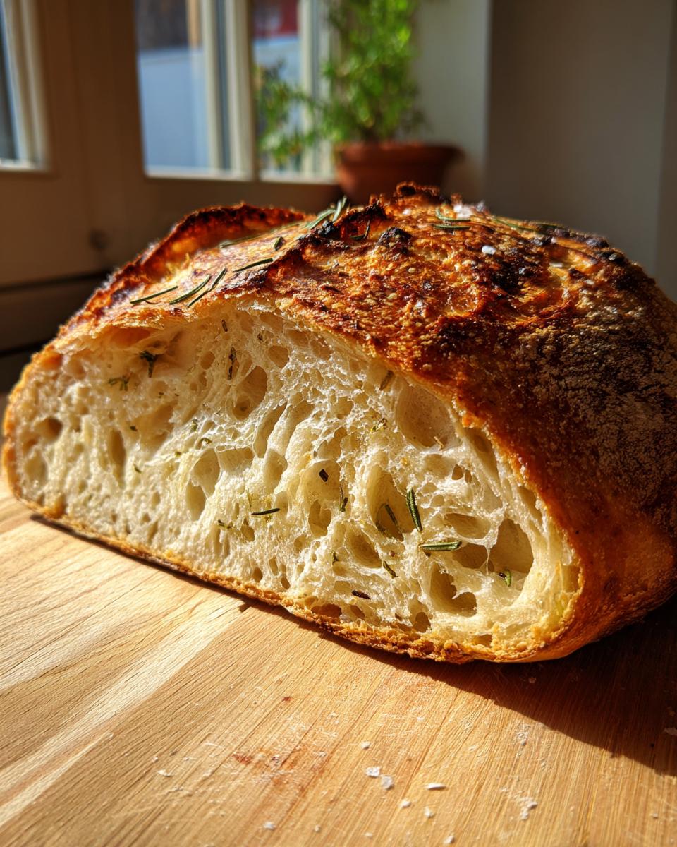 Close-up of a freshly baked artisan bread loaf, sliced open to show the open, airy crumb studded with rosemary.