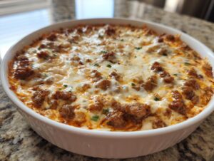 A close-up of a bubbling, baked sausage cream cheese dip topped with melted, browned cheese in a white round dish.