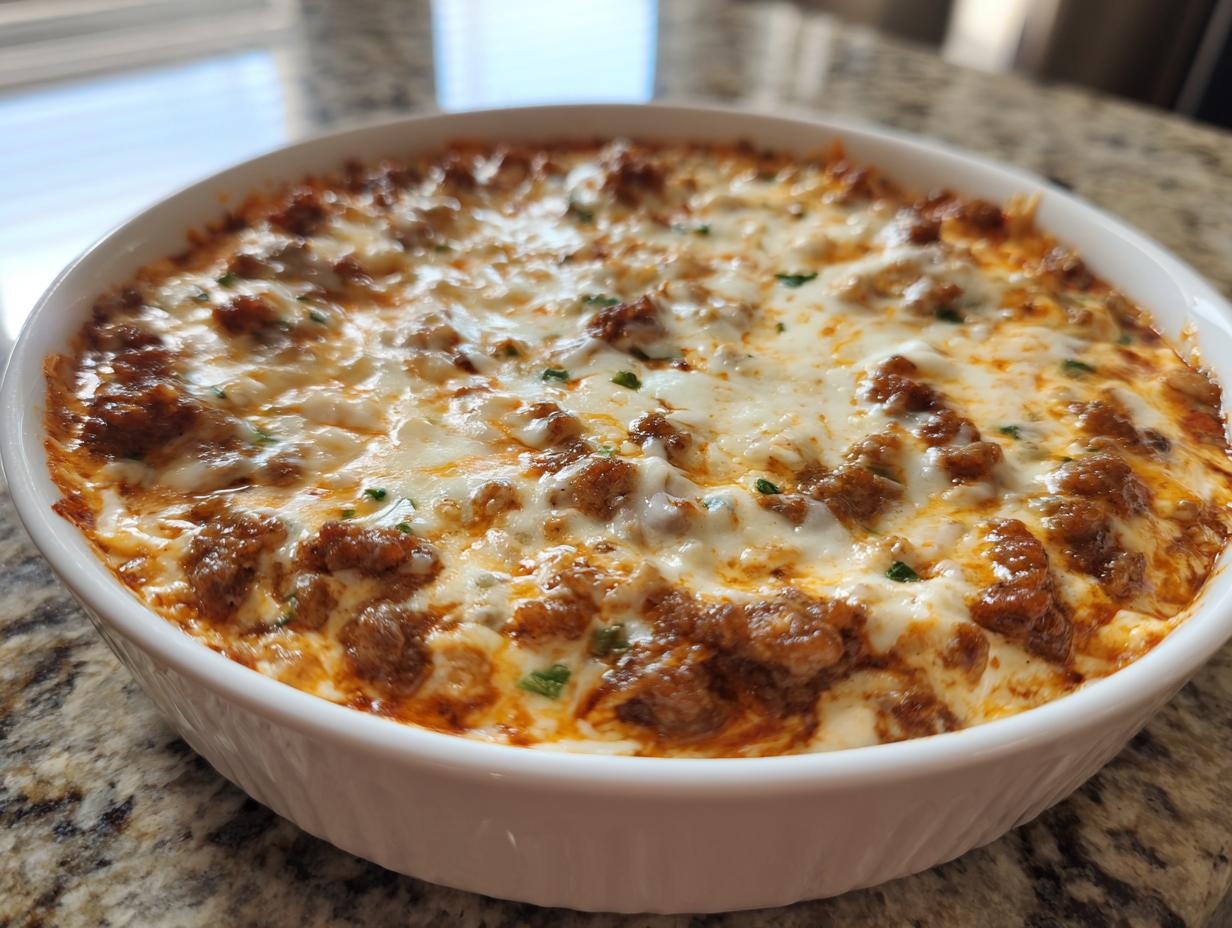 A close-up of a bubbling, baked sausage cream cheese dip topped with melted, browned cheese in a white round dish.