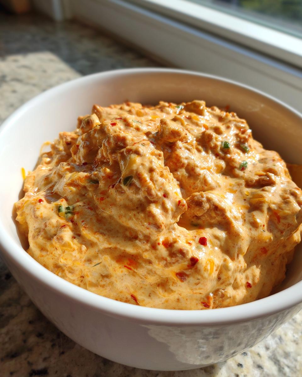 Close-up of a creamy, orange-hued sausage cream cheese dip served in a white bowl.