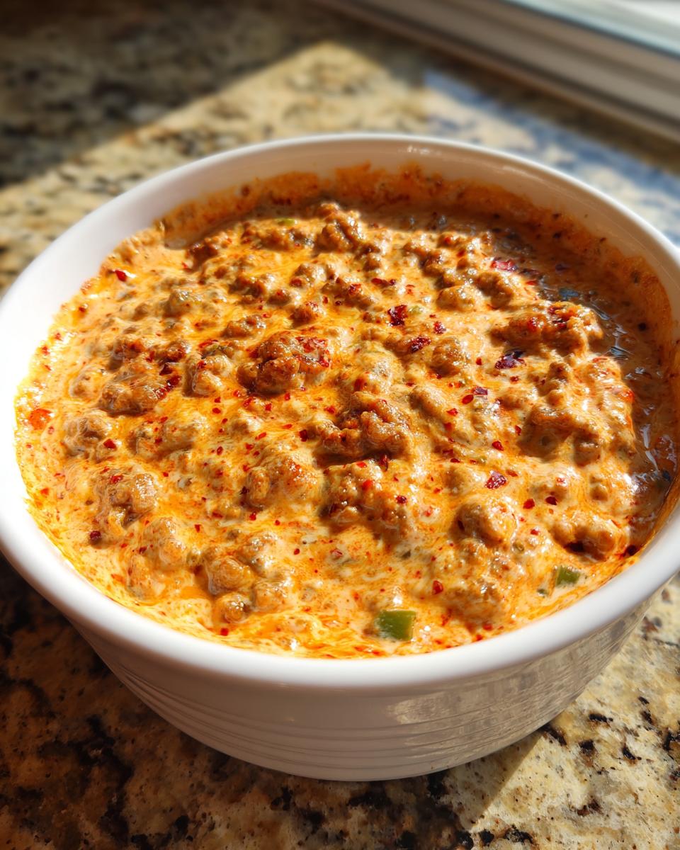 Close-up of a warm, cheesy sausage cream cheese dip topped with red pepper flakes in a white serving bowl.