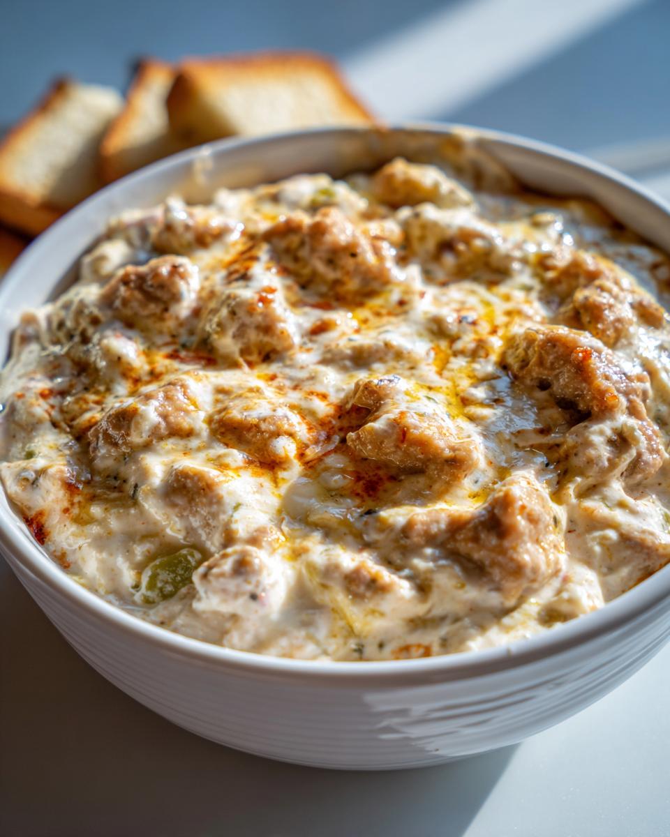 Close-up of a hot sausage cream cheese dip, creamy and bubbly, served in a white bowl with toast points in the background.