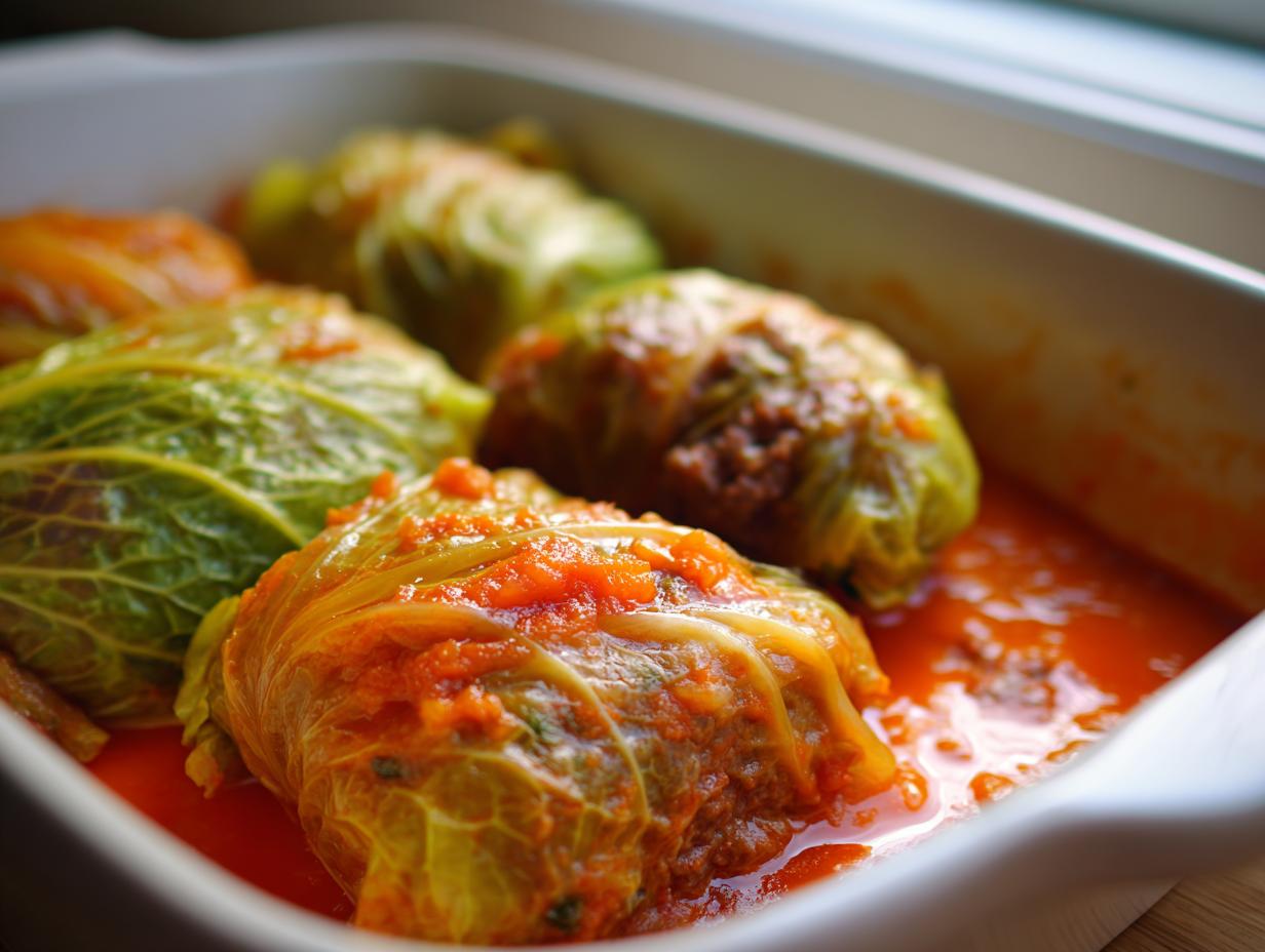 Close-up of savory cabbage rolls simmering in a bright red tomato sauce in a white baking dish.