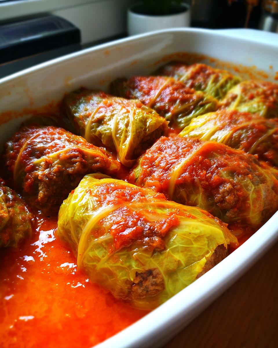 Close-up of several savory cabbage rolls baked in a white dish covered in bright red tomato sauce.