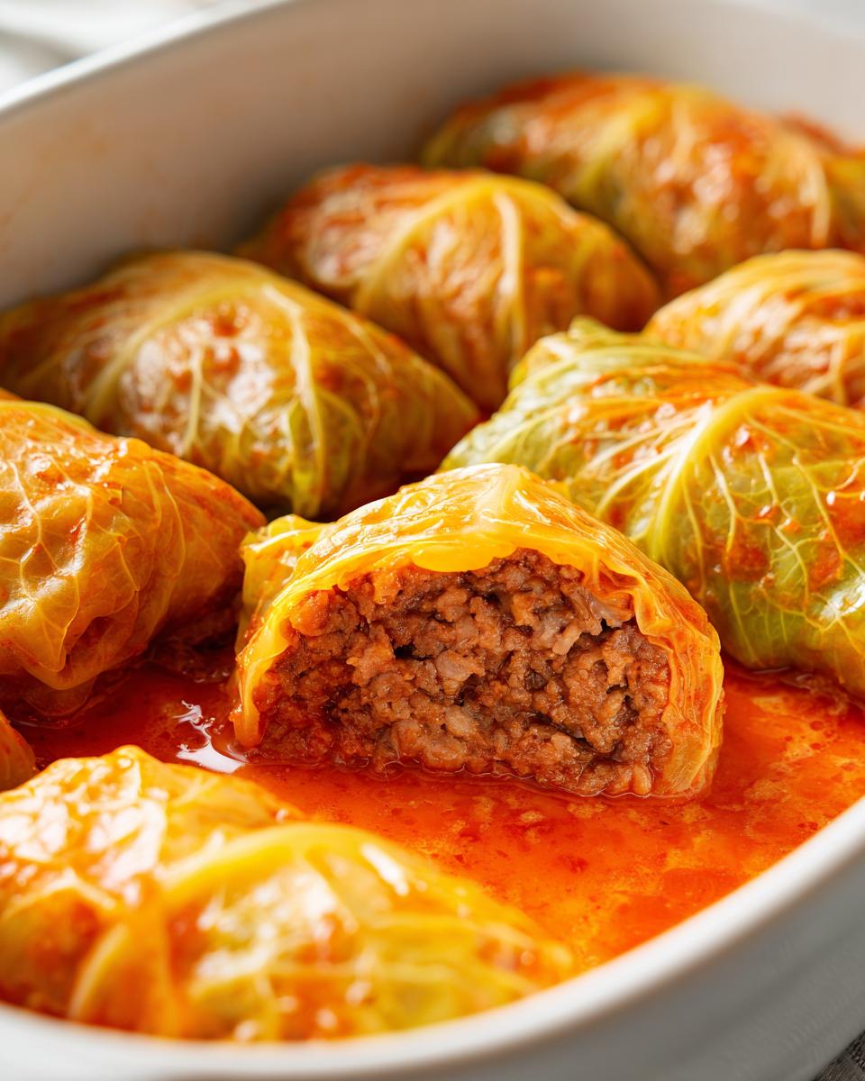A close-up view of several tender cabbage rolls simmering in a rich, orange-red sauce, with one roll cut open showing the savory meat filling.