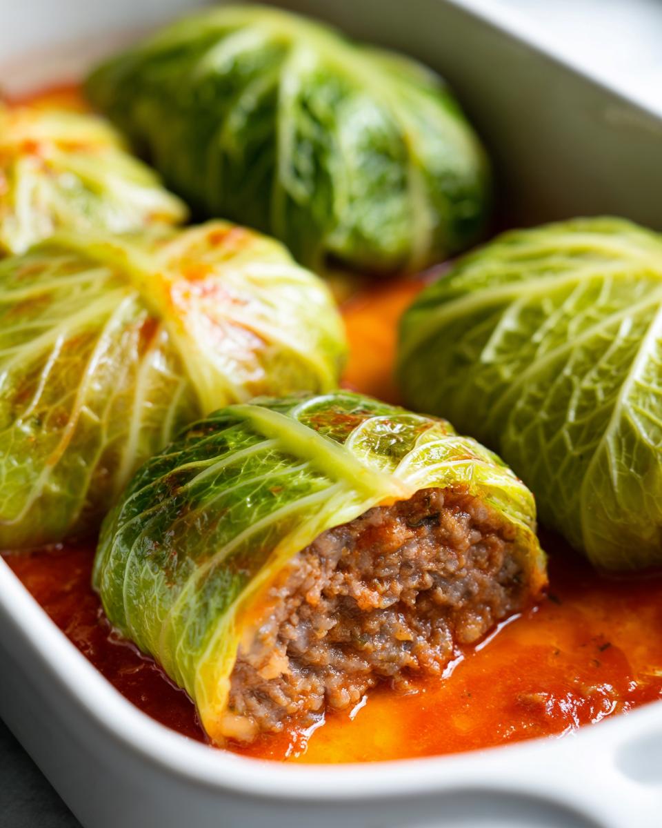 Close-up of a baked cabbage roll cut open, showing the savory meat filling, resting in a rich tomato sauce.