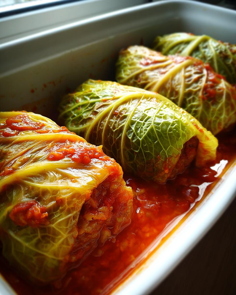 Close-up of several savory cabbage rolls nestled in a white dish, covered in rich tomato sauce.