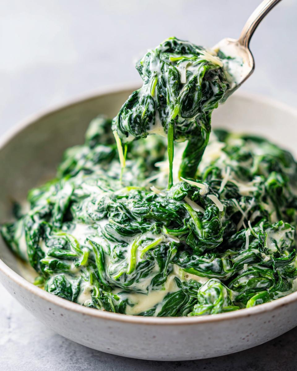 A spoonful of rich, homemade creamed spinach recipe being lifted from a rustic bowl, showing creamy sauce coating the greens.