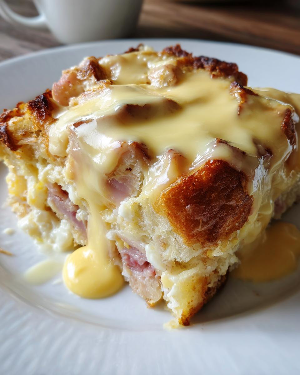 Close-up of a slice of eggs benedict casserole topped generously with rich, dripping hollandaise sauce.