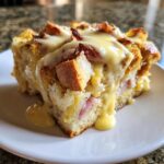 A close-up of a square serving of eggs benedict casserole topped generously with dripping hollandaise sauce.