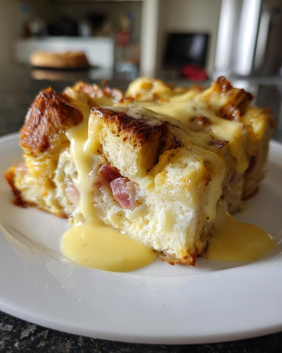 Close-up of a square serving of eggs benedict casserole topped with melted cheese and hollandaise sauce.