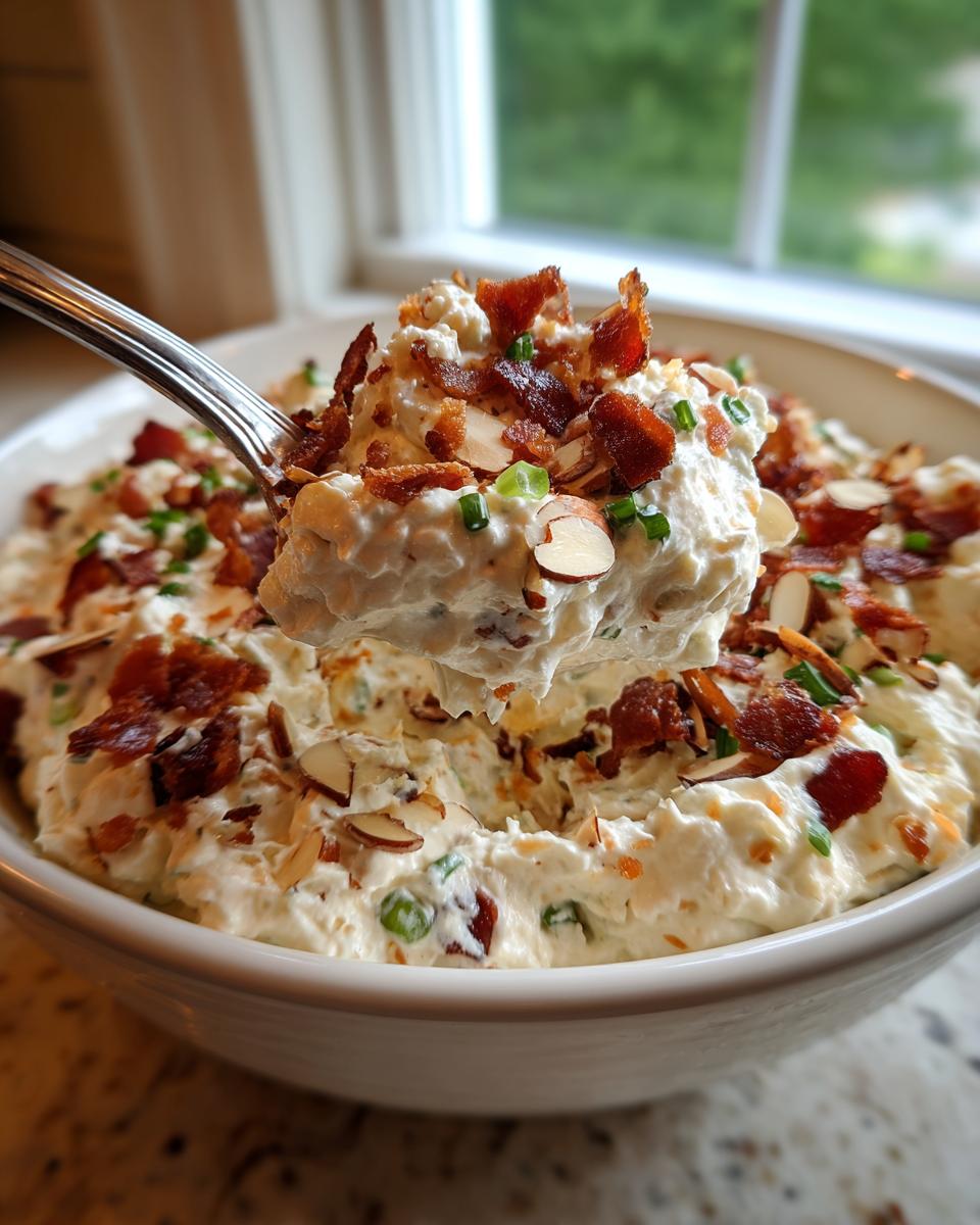 A spoonful of creamy Neiman Marcus dip topped with bacon bits and almonds being lifted from a white bowl.