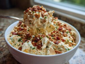 A spoonful of creamy Neiman Marcus dip topped with bacon and almonds is lifted from a white bowl.