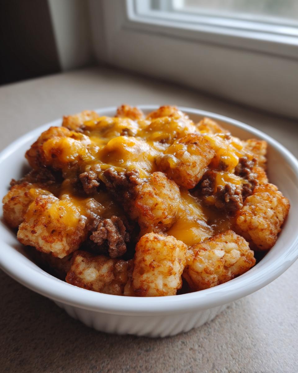 A close-up of a single serving of tater tot casserole topped with melted cheddar cheese and ground beef.