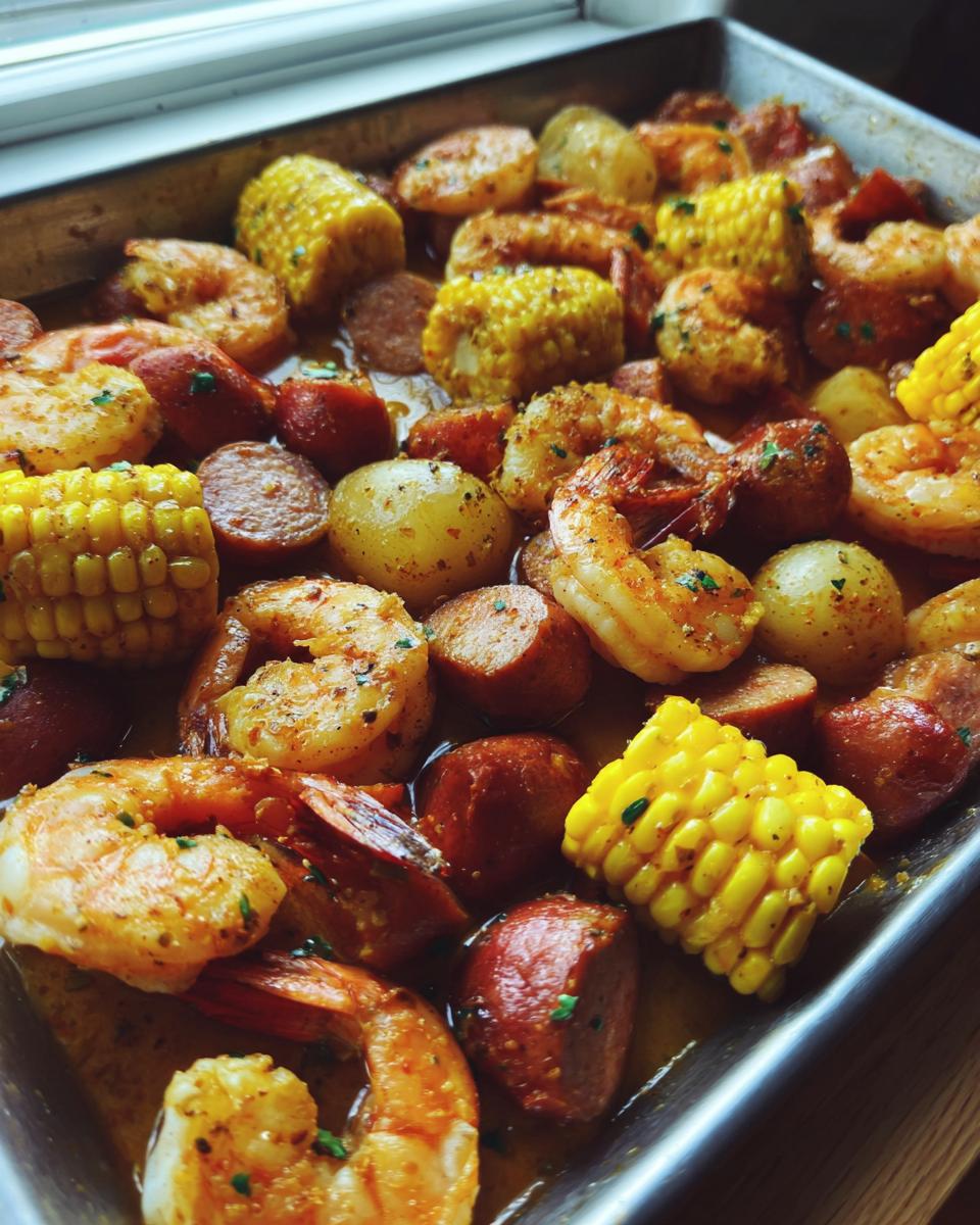 Close-up of a sheet pan filled with seasoned shrimp, corn on the cob pieces, sausage slices, and small potatoes for a shrimp boil.
