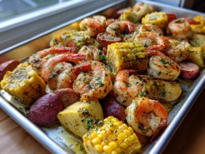 Close-up of a sheet pan shrimp boil featuring seasoned shrimp, corn on the cob pieces, red potatoes, and sausage.