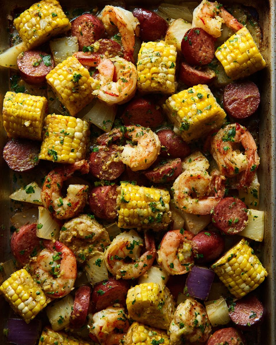 Overhead view of a sheet pan filled with seasoned shrimp, corn on the cob pieces, sausage slices, and potatoes for a shrimp boil.