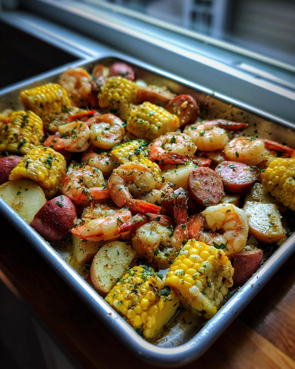 A close-up of a sheet pan shrimp boil featuring seasoned shrimp, corn on the cob pieces, red potatoes, and sausage slices.