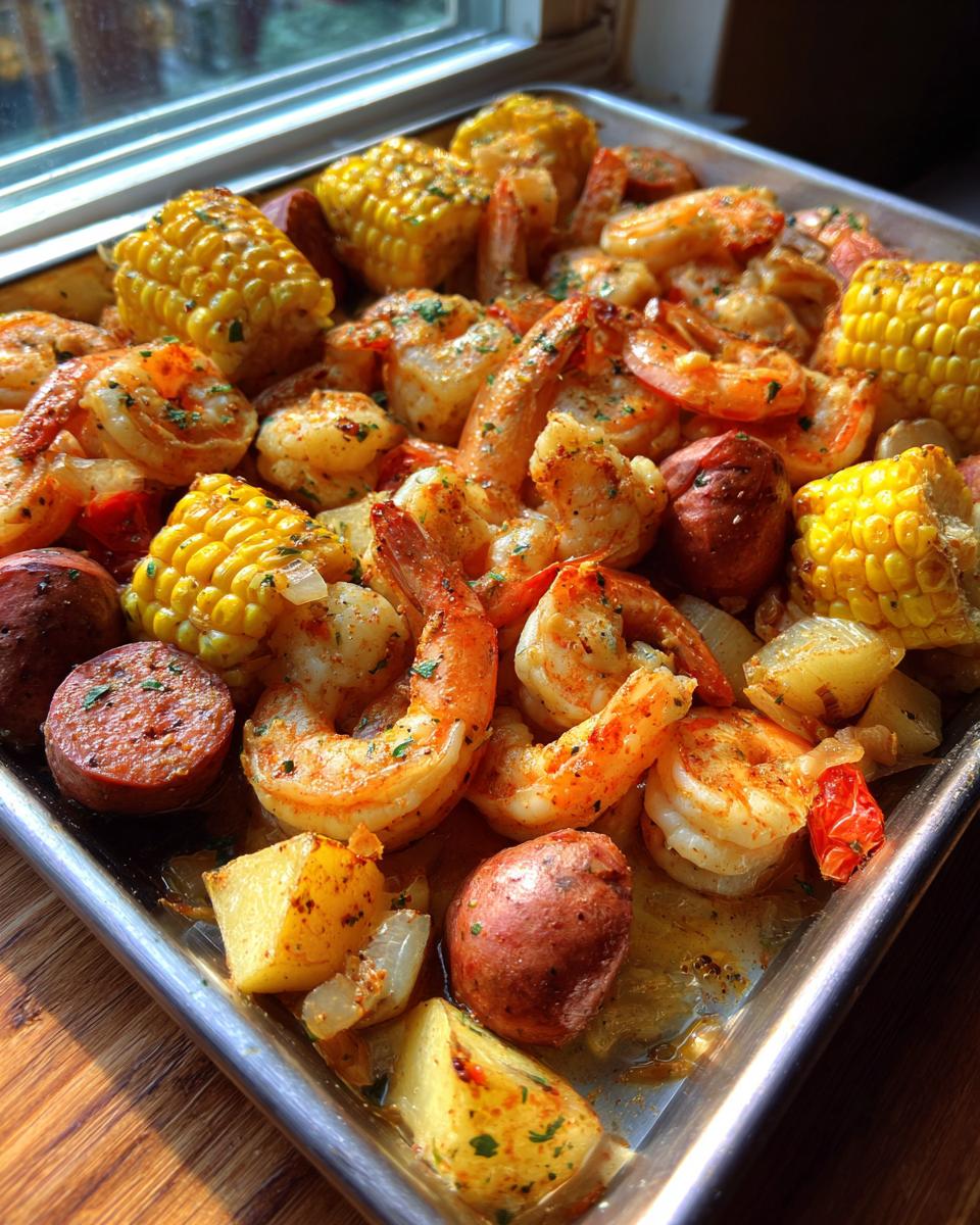 Close-up of a flavorful sheet pan shrimp boil featuring seasoned shrimp, corn on the cob, sausage, and potatoes.