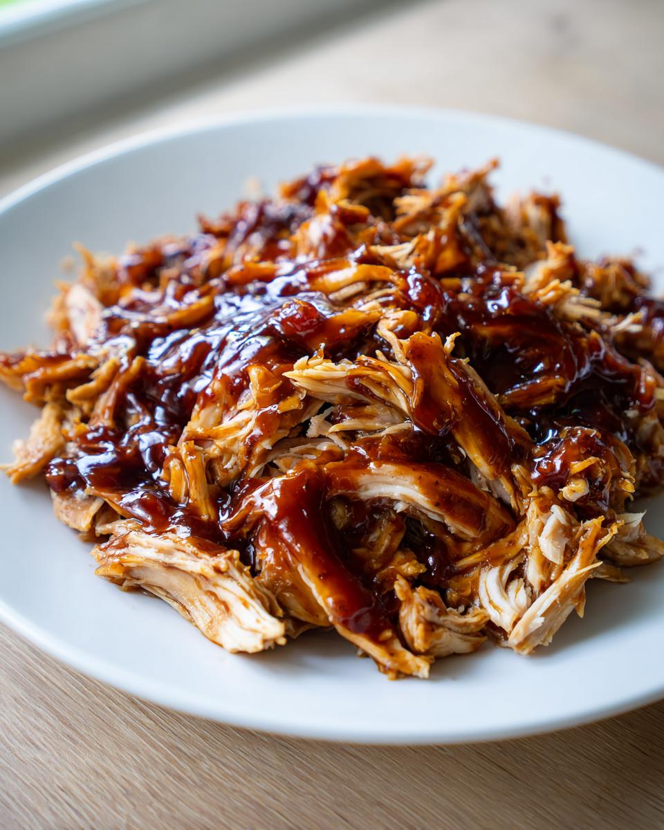 Close-up of shredded crockpot teriyaki chicken generously topped with glossy teriyaki sauce on a white plate.