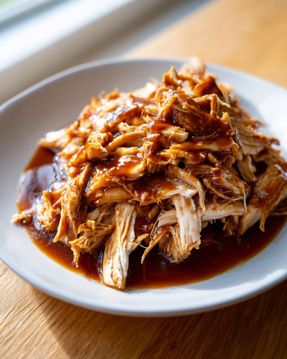 Close-up of tender, shredded crockpot teriyaki chicken generously coated in rich teriyaki sauce on a white plate.