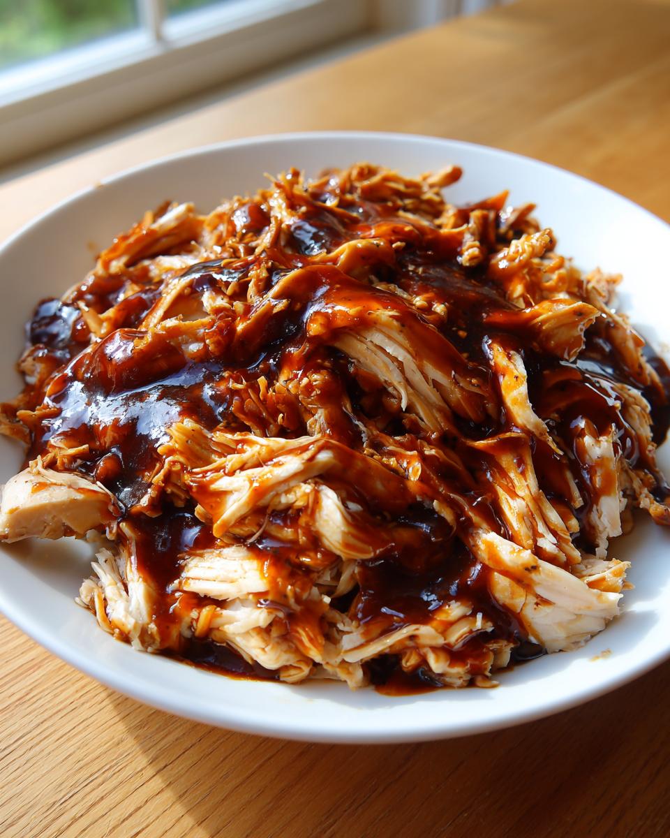 Close-up of shredded crockpot teriyaki chicken smothered in rich, dark teriyaki sauce in a white bowl.