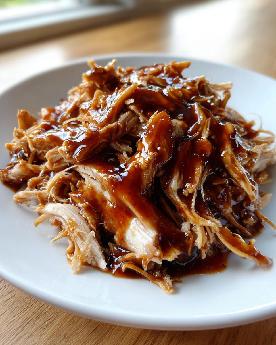Close-up of shredded chicken generously coated in glossy teriyaki sauce, ready to serve as crockpot teriyaki chicken.