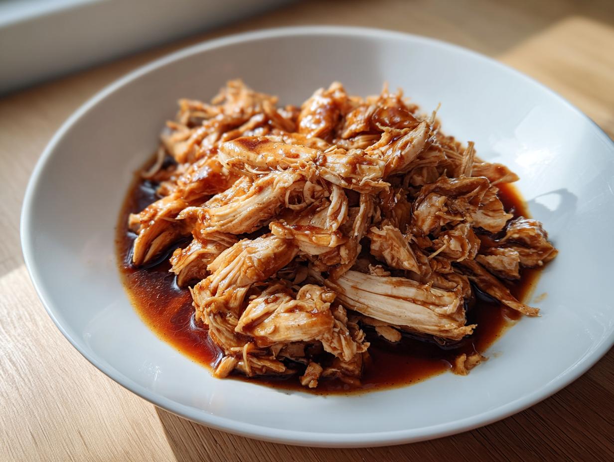 A white bowl filled with shredded crockpot teriyaki chicken coated in a rich, dark teriyaki sauce.