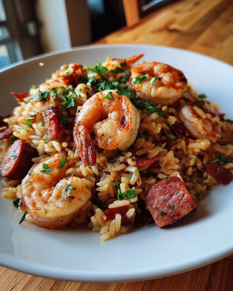 A close-up of flavorful shrimp and sausage jambalaya served in a white bowl, garnished with fresh parsley.