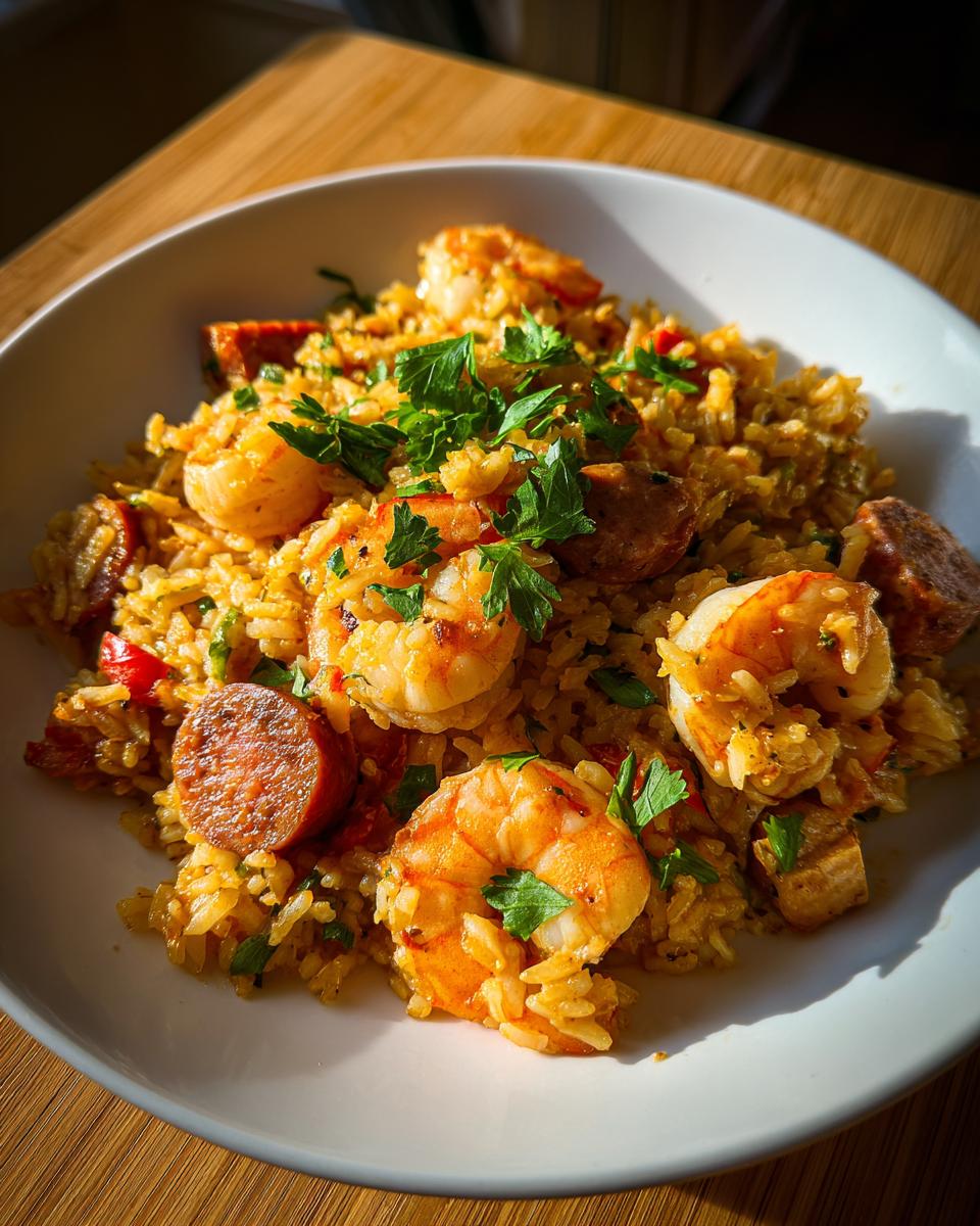 A close-up, sunlit bowl of flavorful shrimp and sausage jambalaya garnished with fresh parsley.
