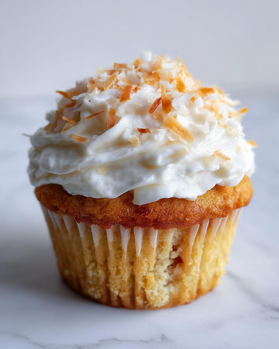A single, delicious coconut cupcake topped with thick white frosting and toasted coconut flakes.