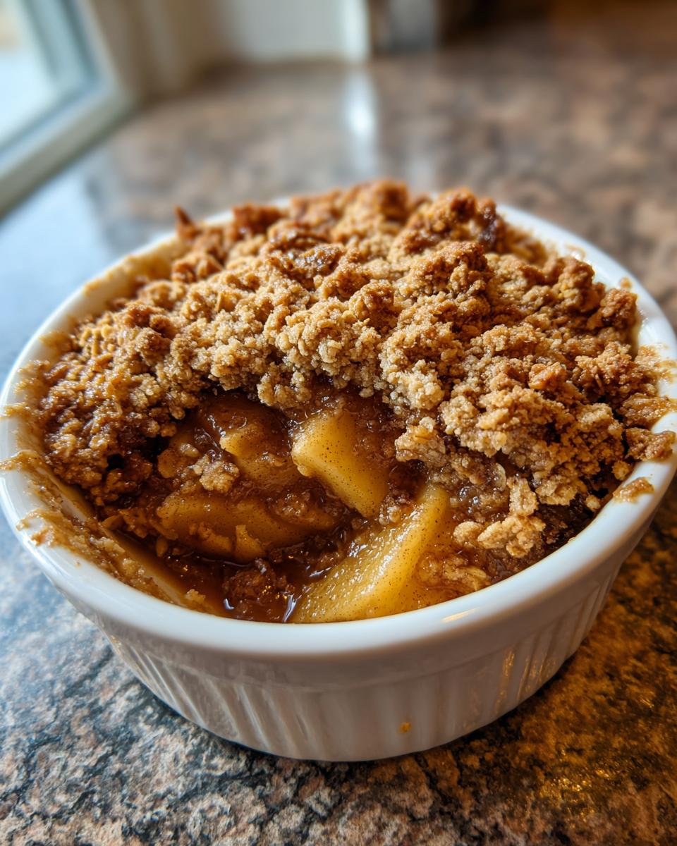 Close-up of a warm, single-serving apple crumble with a thick, golden-brown topping in a white ramekin.