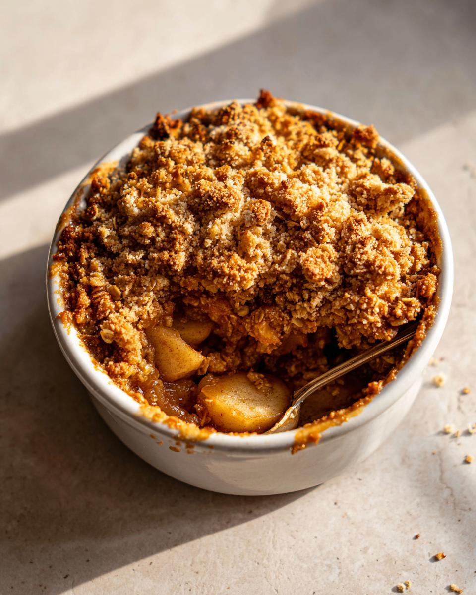 Close-up of a single serving apple crumble with a golden, crunchy topping and soft baked apples inside a white ramekin.