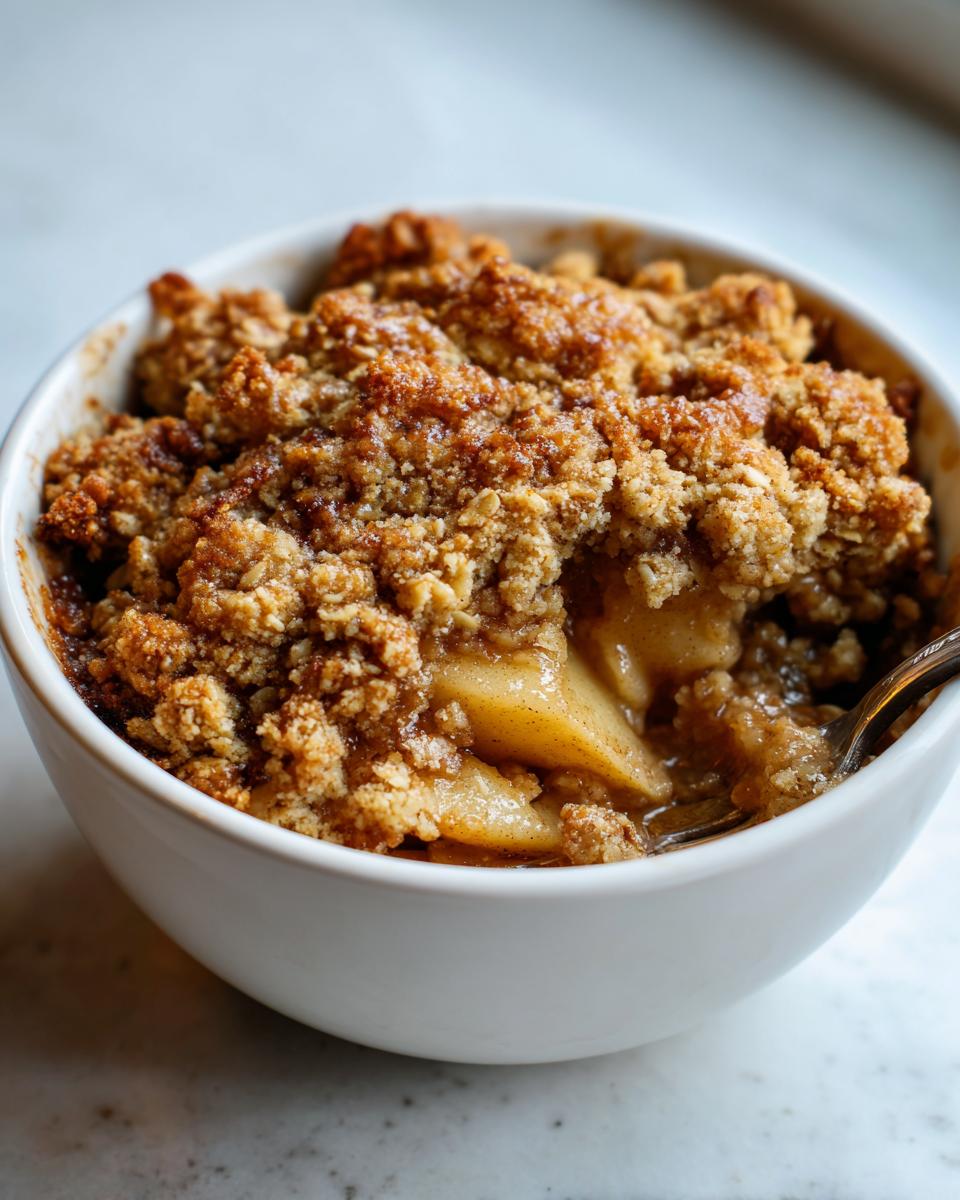 Close-up of a warm, individual serving of apple crumble with a golden brown, textured topping and soft baked apples underneath.