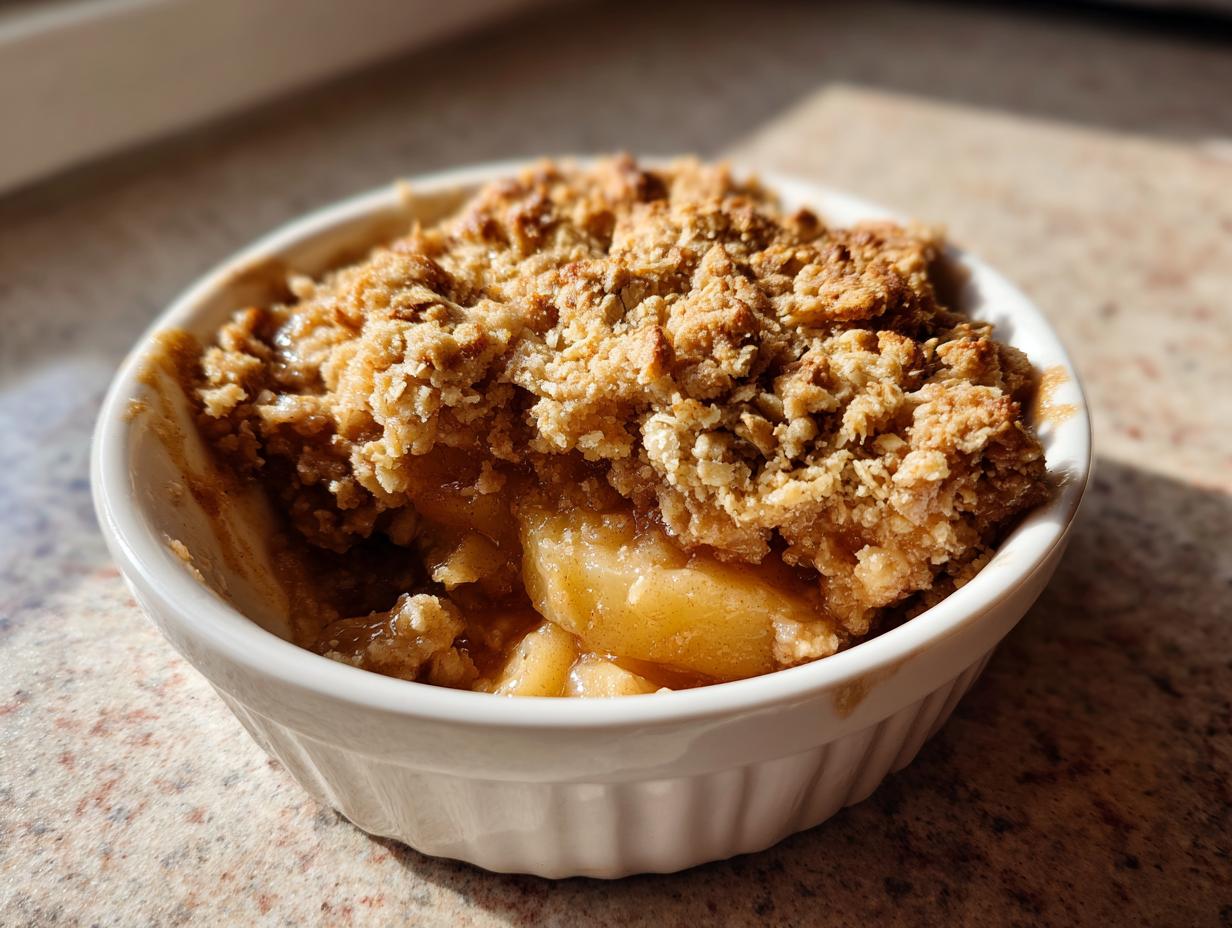 Close-up of a warm, freshly baked apple crumble in a white ramekin with a golden, crunchy topping.