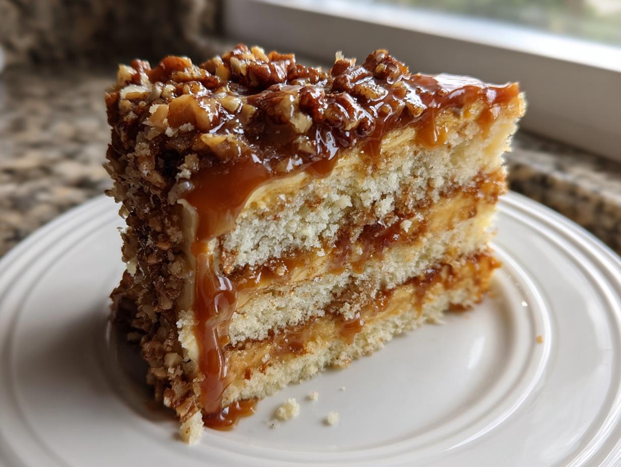 A rich slice of caramel crunch cake featuring multiple layers of sponge cake, caramel filling, and a topping of nuts and dripping caramel sauce.