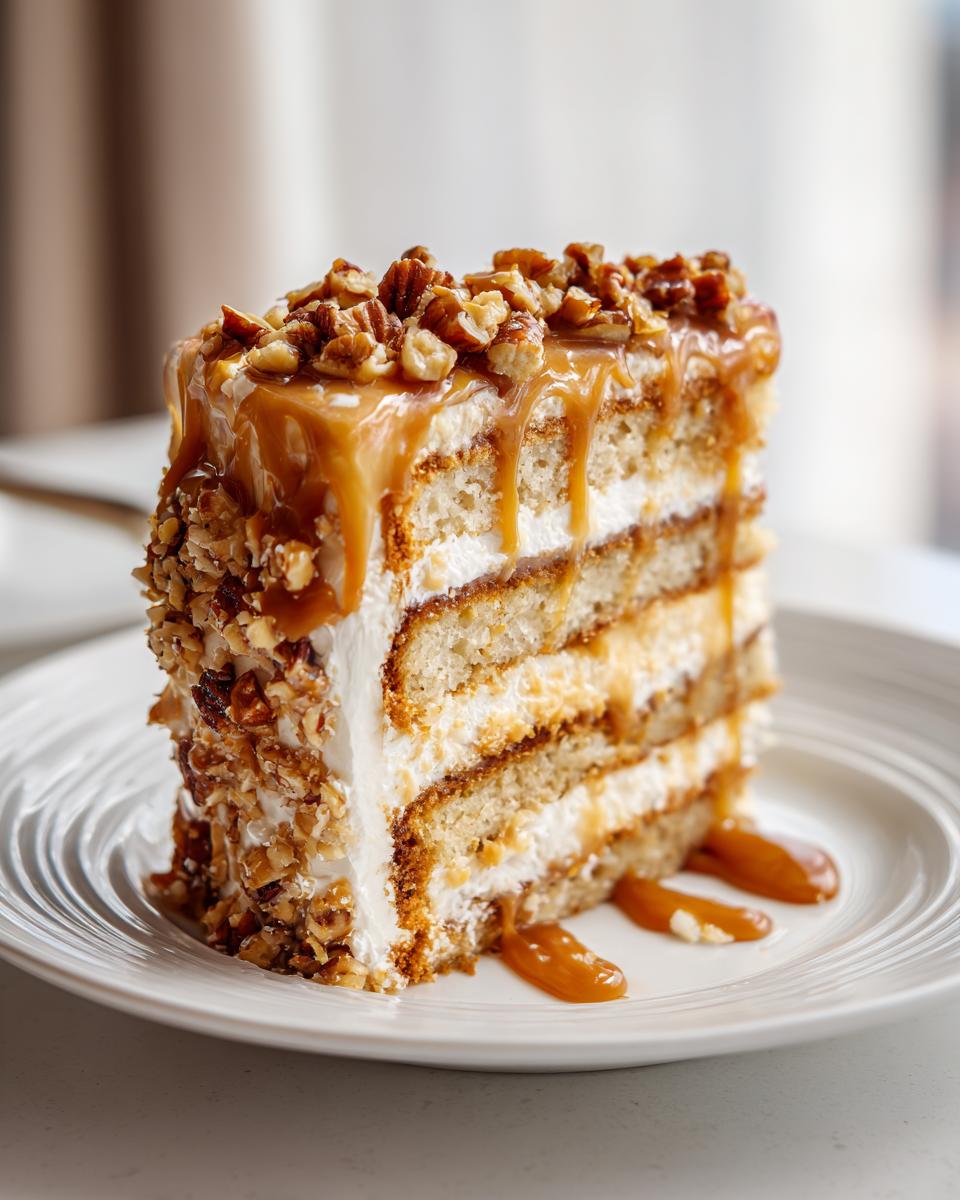 A tall slice of caramel crunch cake featuring multiple layers of cake, cream, and drizzled with caramel and topped with chopped nuts.