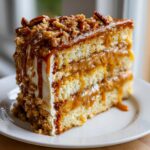 A tall slice of caramel crunch cake featuring multiple layers of sponge cake, thick caramel filling, and topped with pecans.
