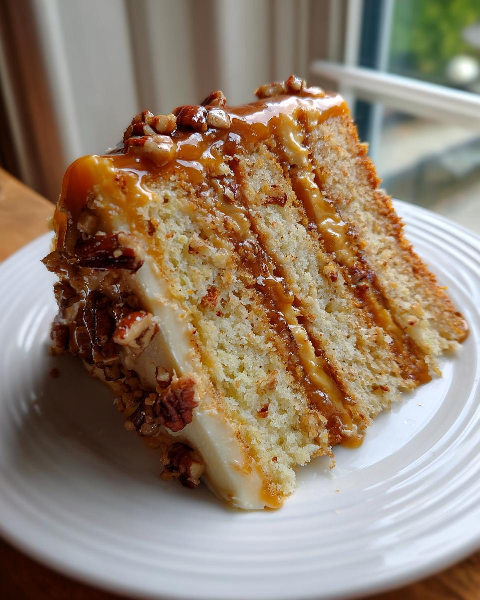 A close-up of a tall slice of caramel crunch cake layered with frosting, caramel sauce, and topped with pecans.