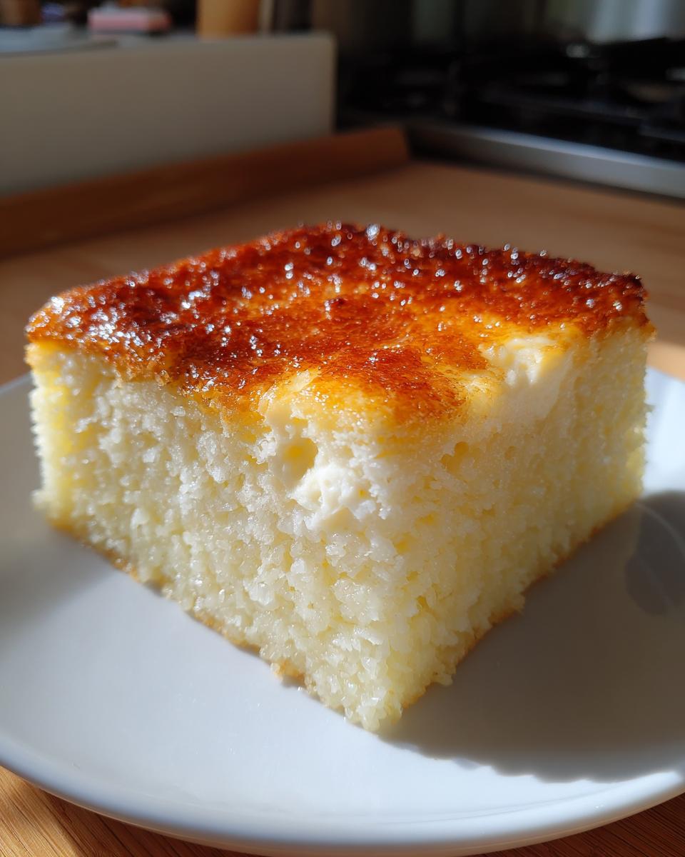 A square slice of moist, white cassava cake with a glossy, caramelized brown topping, served on a white plate.