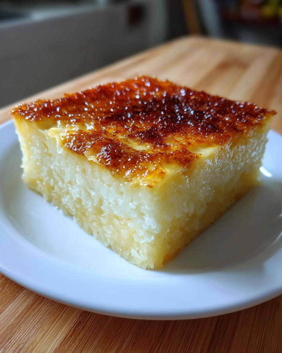 A square slice of moist cassava cake with a glossy, caramelized brown top, served on a white plate.