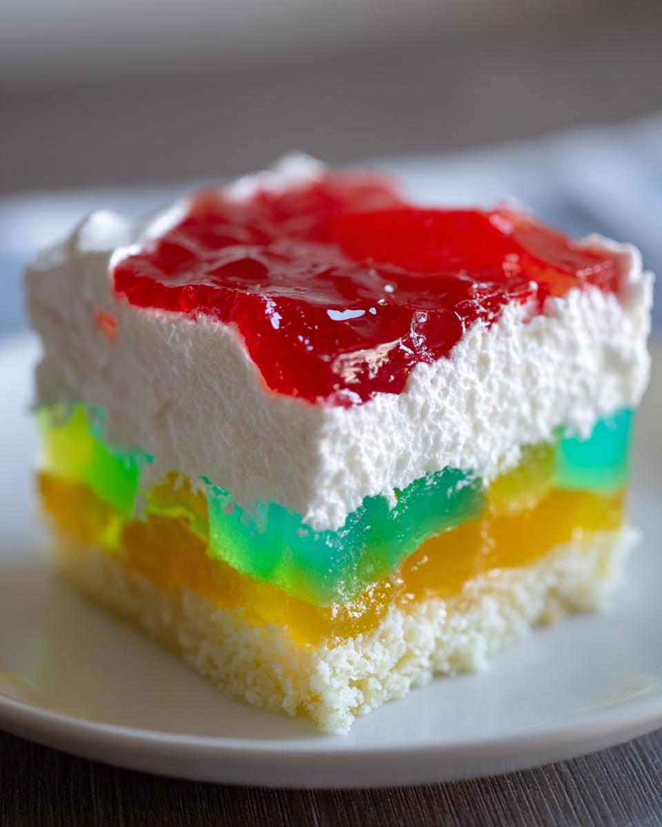 Close-up of a slice of jello poke cake showing layers of white cake, colorful gelatin, whipped cream, and red topping.