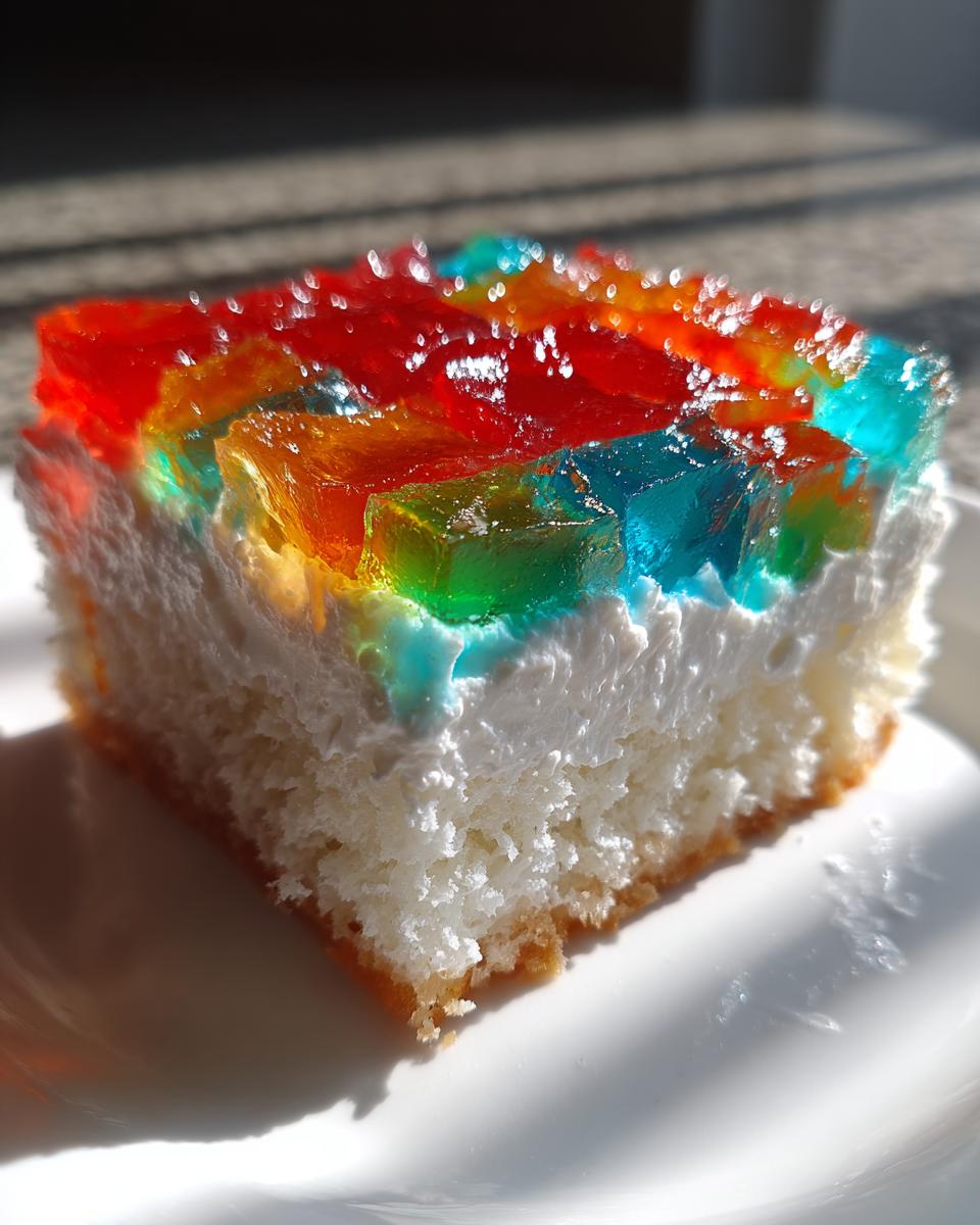 A close-up slice of a vibrant jello poke cake showing colorful gelatin cubes over white whipped topping on a white plate.
