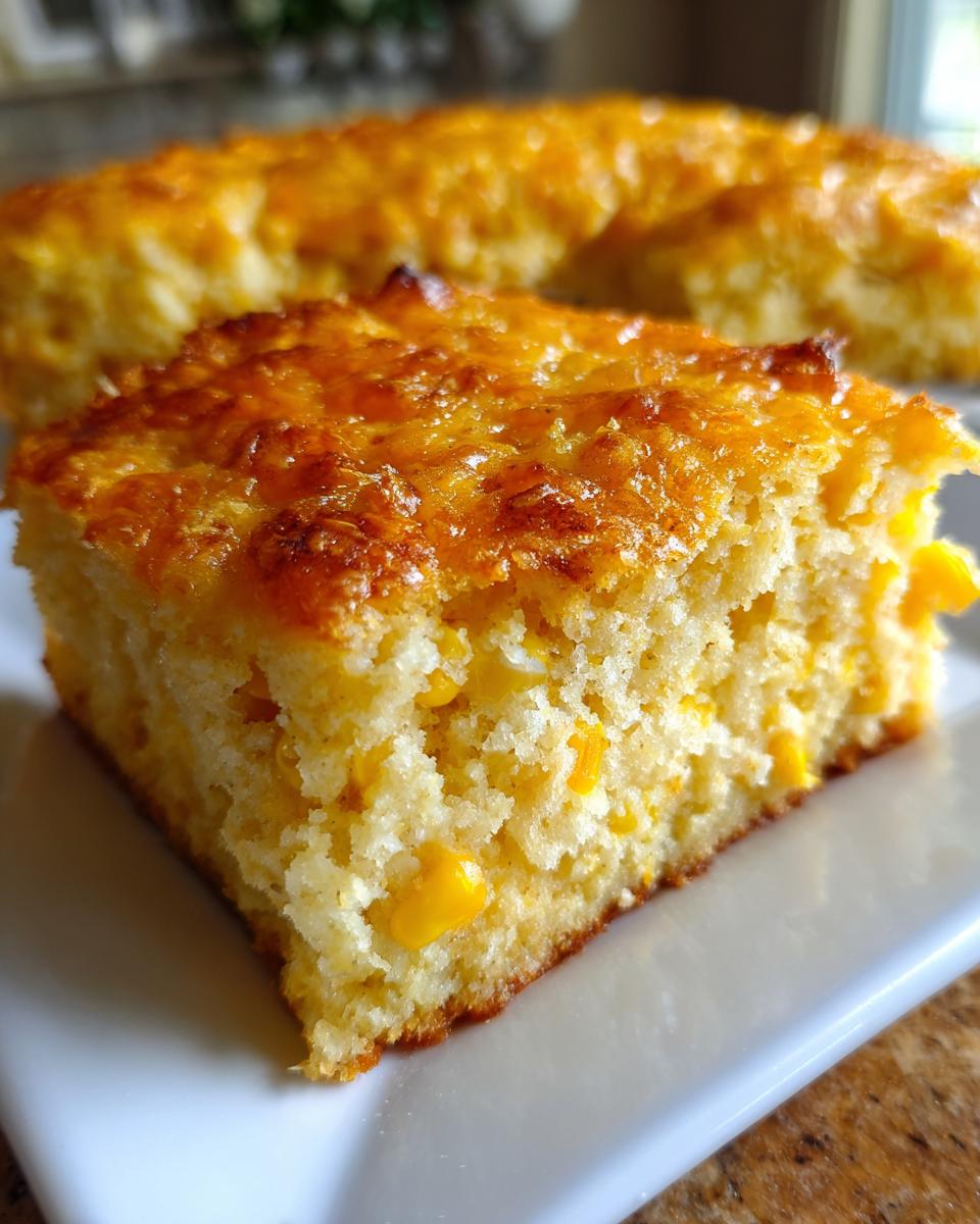 Close-up of a moist slice of cornbread casserole with visible corn kernels and a golden, cheesy top.