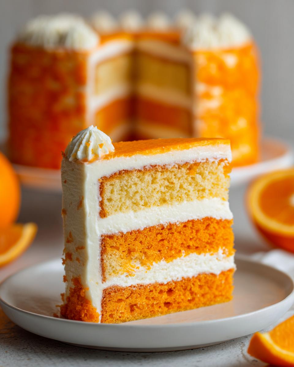A close-up slice of Creamsicle Cake showing alternating layers of white and bright orange cake with white frosting.