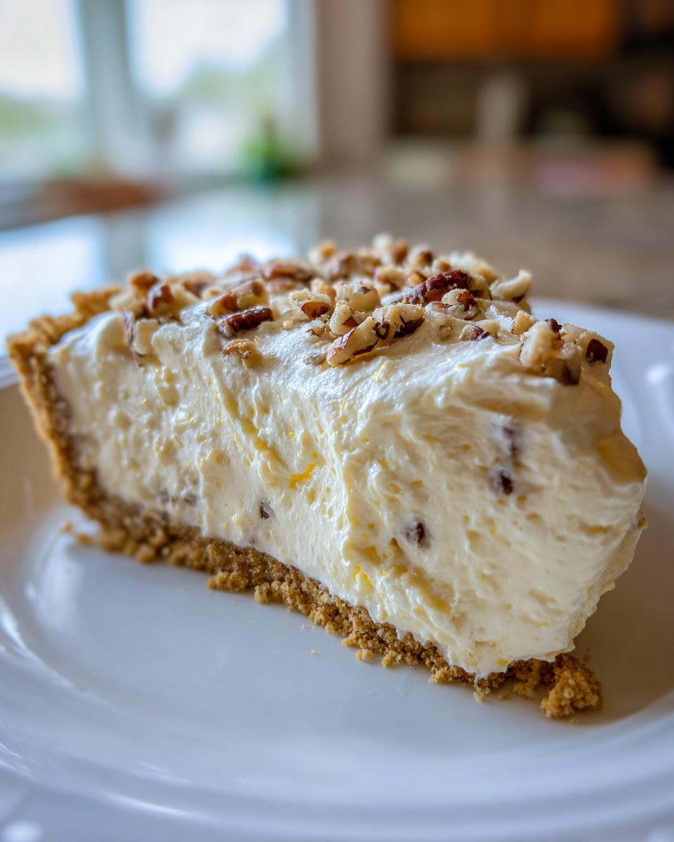 A close-up of a thick slice of creamy Million Dollar Pie on a white plate, topped with chopped pecans.
